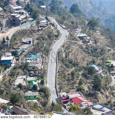 Aerial Top View Of Traffic Vehicles Driving At Mountains Roads At Nainital, Uttarakhand, India, View