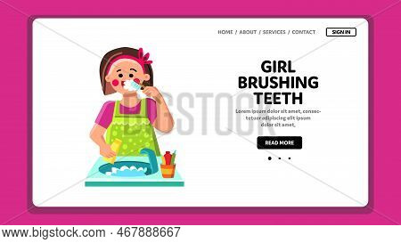 Girl Brushing Teeth Vector. Dental Happy, Brush Tooth, Clean Hygiene, Teeth Smile, Mouth Care, Healt