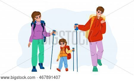 Family Hiking Vector. Boy Son, Adventure Father, Mother Nature, Man Outdoors, Together, Walking, Chi