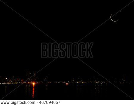 Mubarak Ramadan Month Muslim Islamic Moon Symbols,crescent Moon And Star On Night Sky Dusk  Evening 