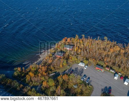 Aerial Car Camping Caravan Parking Lake Abisko National Park Bjoerkliden Swedish Lapland Fall Colors