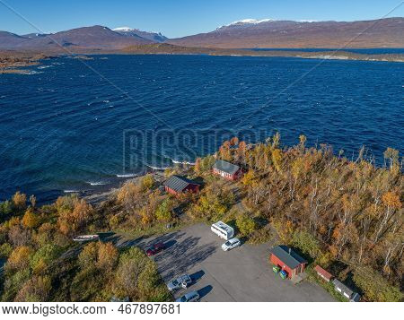Aerial Car Camping Caravan Parking Lake Abisko National Park Bjoerkliden Swedish Lapland Fall Colors