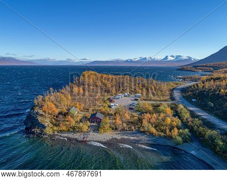Aerial Car Camping Caravan Parking Lake Abisko National Park Bjoerkliden Swedish Lapland Fall Colors