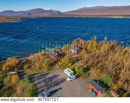 Aerial Car Camping Caravan Parking Lake Abisko National Park Bjoerkliden Swedish Lapland Fall Colors