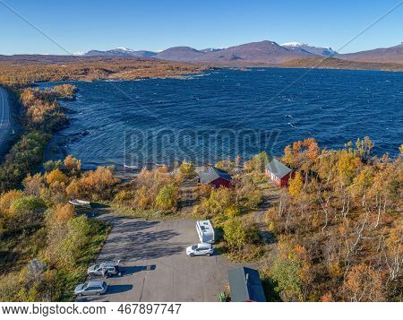 Aerial Car Camping Caravan Parking Lake Abisko National Park Bjoerkliden Swedish Lapland Fall Colors