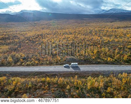 Drone Footage Car Camping Caravan Driving Road Lake Swedish Lapland Sunny Fall Colors Abisko Nationa