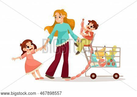 Tired Mom With Shopping Cart And Naughty Capricious Daughter Pulling Her Hand Vector Illustration