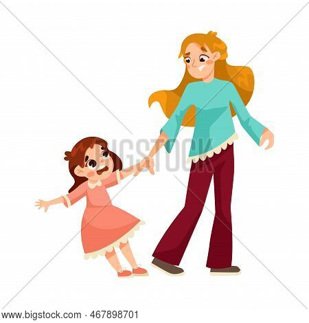 Tired Mom With Naughty Capricious Daughter Pulling Her Hand Vector Illustration