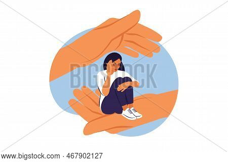 Psychotherapy Concept. A Young Woman Character Sitting On A Hand Palm, Psychotherapy, Help And Suppo