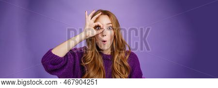 Wow Awesome, Take Closer Look. Surprised And Impressed Attractive Redhead Female Student Holding Oka