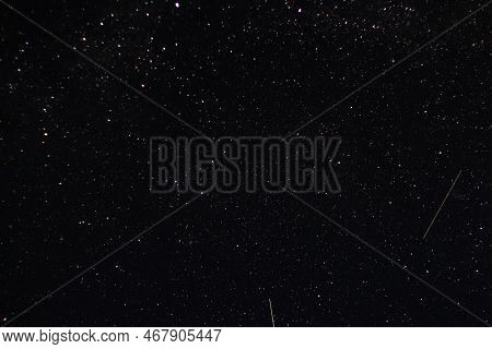 Defocus Night Sky With Stars. Starry Night In The Mountains. Perseus Landscape. Copy Space. Out Of F