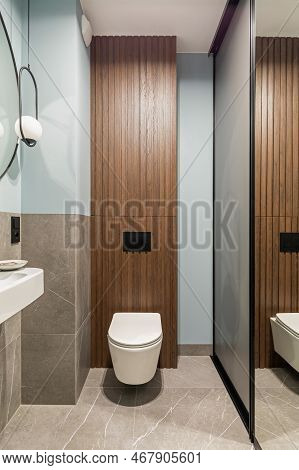 Modern Bright Bathroom With White Toilet Seat On Wooden Lamela Wall. Mirror On Grey Wall.
