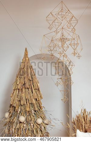 Christmas New Year Eco Tree From Wheat And Rye Ears And Other Craftmade Decoration
