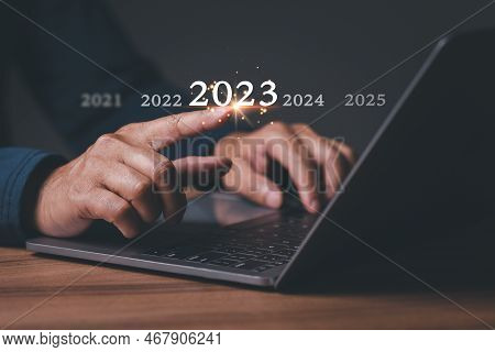 Man Has Idea Plan Manage Money In 2023. Person Businessman Has Goal To Business 4.0 In New Year 2023