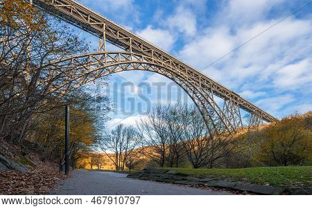 Panoramic Image Of Landmark Mungstener Bridge At Sunset, Bergisches Land, Solingen, Germany