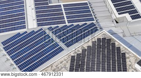 Aerial View Of Solar Panels Or Photovoltaic Module. Solar Power For Green Energy. Sustainable Resour