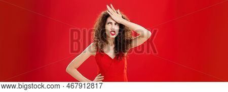 Woman Feeling Irritated Of Stupid Waiter Messing Up Order Punching Forehead From Annoyance Rolling E