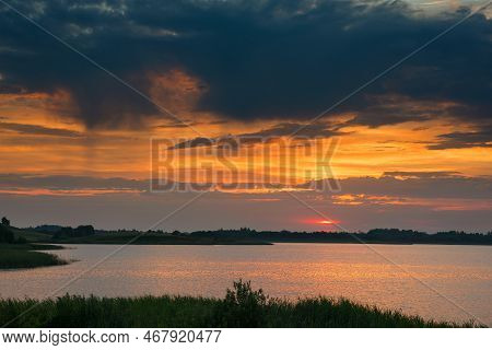 Serene Landscape Lake In The Evening - The Shores Of Lake Otolovo In Belarus