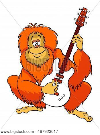 Cartoon Orangutan With An Electric Guitar. Color Vector Image Isolated On White. Funny Orangutan Pla