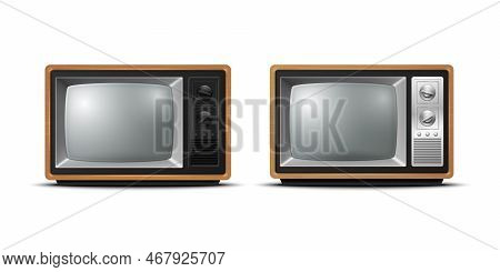 Vector 3d Realistic Brown Wooden Retro Tv Receiver Isolated Icon Set Closeup Isolated On White Backg