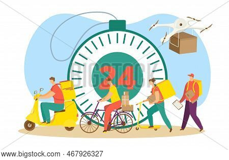 Delivery Express Service With Man Courier Person Near Big Timer Concept, Vector Illustration. Box Pa