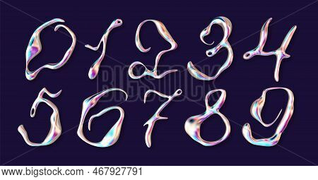 3d Liquid Molten Metallic Typography Number. Realistic Holographic Streaks On Metal Numerals