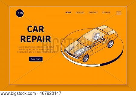 Car Parts Isometric Website Page With Clickable Links Editable Text And Image Of Transparent Automob