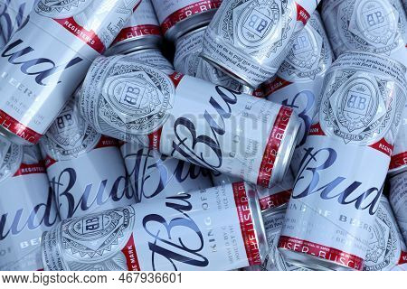 Sumy, Ukraine - August 01, 2021: Many Cans Of Budweiser Lager Alcohol Beer - Budweiser Is A Brand Fr