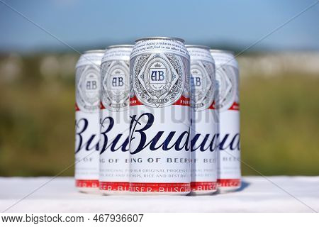Sumy, Ukraine - August 01, 2021: Many Cans Of Budweiser Lager Alcohol Beer - Budweiser Is A Brand Fr