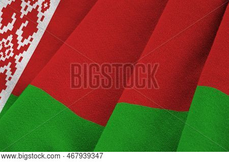 Belarus Flag With Big Folds Waving Close Up Under The Studio Light Indoors. The Official Symbols And