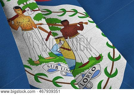 Belize Flag With Big Folds Waving Close Up Under The Studio Light Indoors. The Official Symbols And 