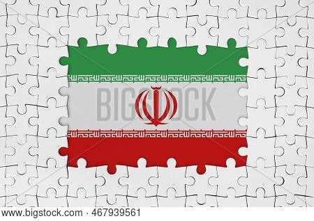 Iran Flag In Frame Of White Puzzle Pieces With Missing Central Parts