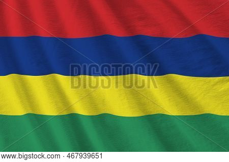 Mauritius Flag With Big Folds Waving Close Up Under The Studio Light Indoors. The Official Symbols A