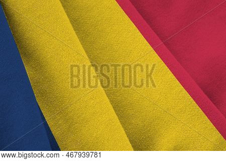 Chad Flag With Big Folds Waving Close Up Under The Studio Light Indoors. The Official Symbols And Co