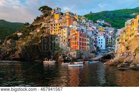 Evening At Riomaggiore Cinque Terre Liguria, Italy, Europe. Seascape Of The Mediterranean Sea
