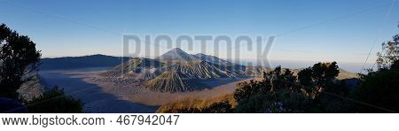 Panoramic View Of Mount Bromo Landscape And Its Surrounding. Mount Bromo Is An Active Volcano And On