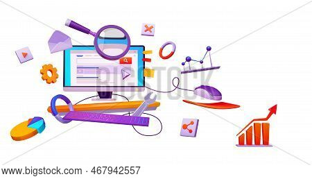 Serp, Search Engine Result Page Concept With Website On Computer Screen, Magnifier, Charts And Graph