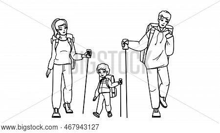 Family Hiking Line Pencil Drawing Vector. Boy Son, Adventure Father, Mother Nature, Man Outdoors, To