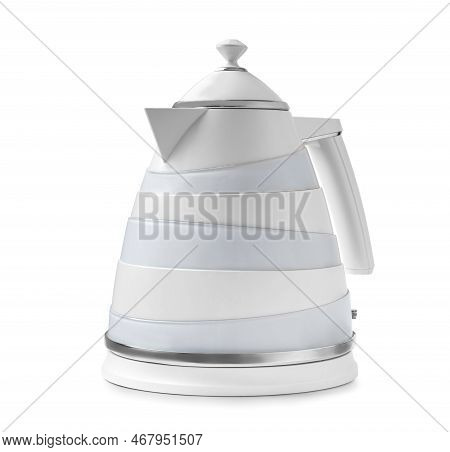 Plastic Electric Kettle On Isolation. Modern Electric Kettle. Light Teapot On A White Background. Ho
