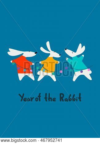 Year Of The Rabbitgreeting Card With Water Rabbit, Zodiac Animal For 2023 And Hand-lettered Greeting