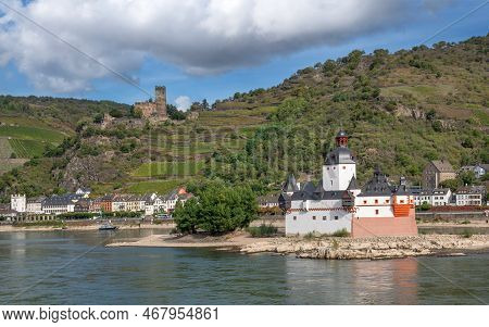 Kaub, Germany - October 5, 2021: Panoramic Image Of Castle Pfalzgrafenstein Close To The Rhine River
