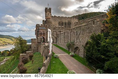 Trechtingshausen, Germany - October 6, 2021: Reichenstein Castle Close To The Rhine River On October