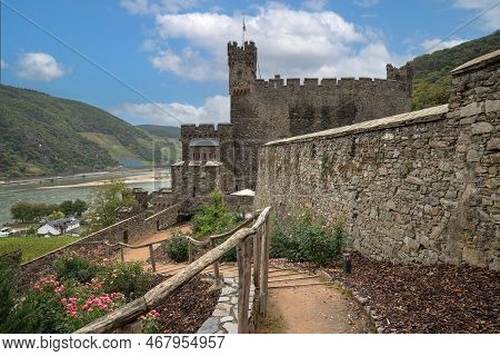 Trechtingshausen, Germany - October 6, 2021: Reichenstein Castle Close To The Rhine River On October