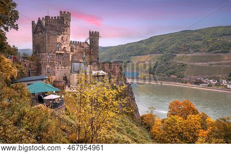 Trechtingshausen, Germany - October 7, 2021: Rheinstein Castle Close To The Rhine River On October 7