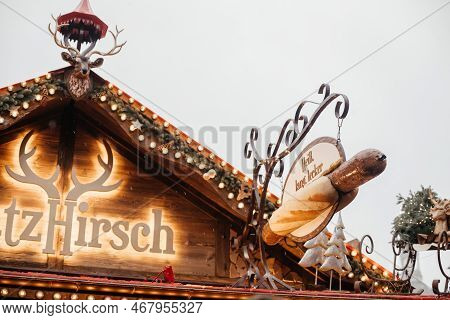 Dresden, Saxony, Germany, 10 December 2022: Christmas Outdoor Market Stall Decorations With Fairy C 