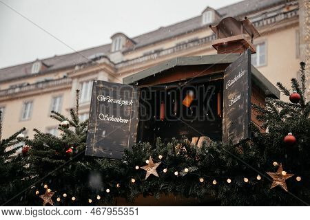 Dresden, Saxony, Germany, 10 December 2022: Christmas Outdoor Market Stall Decorations With Fairy C 