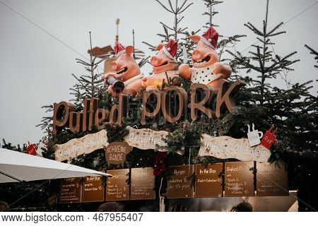 Dresden, Saxony, Germany, 10 December 2022: Christmas Outdoor Market Stall Decorations With Fairy C 