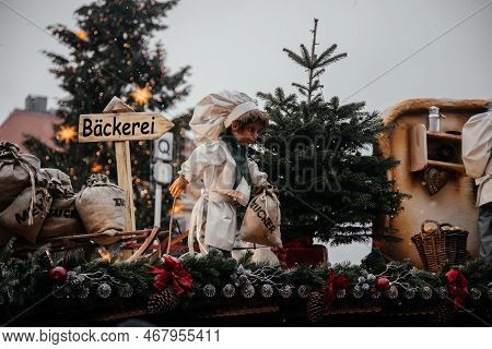 Dresden, Saxony, Germany, 10 December 2022: Christmas Outdoor Market Stall Decorations With Fairy C 