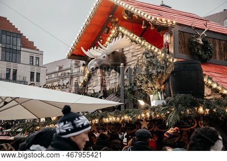 Dresden, Saxony, Germany, 10 December 2022: Christmas Outdoor Market Stall Decorations With Fairy C 