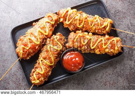 Korean Corn Dogs Or Korean Hot Dogs Are Popular Local Street Food, Typically Made Of Sausages Or Moz